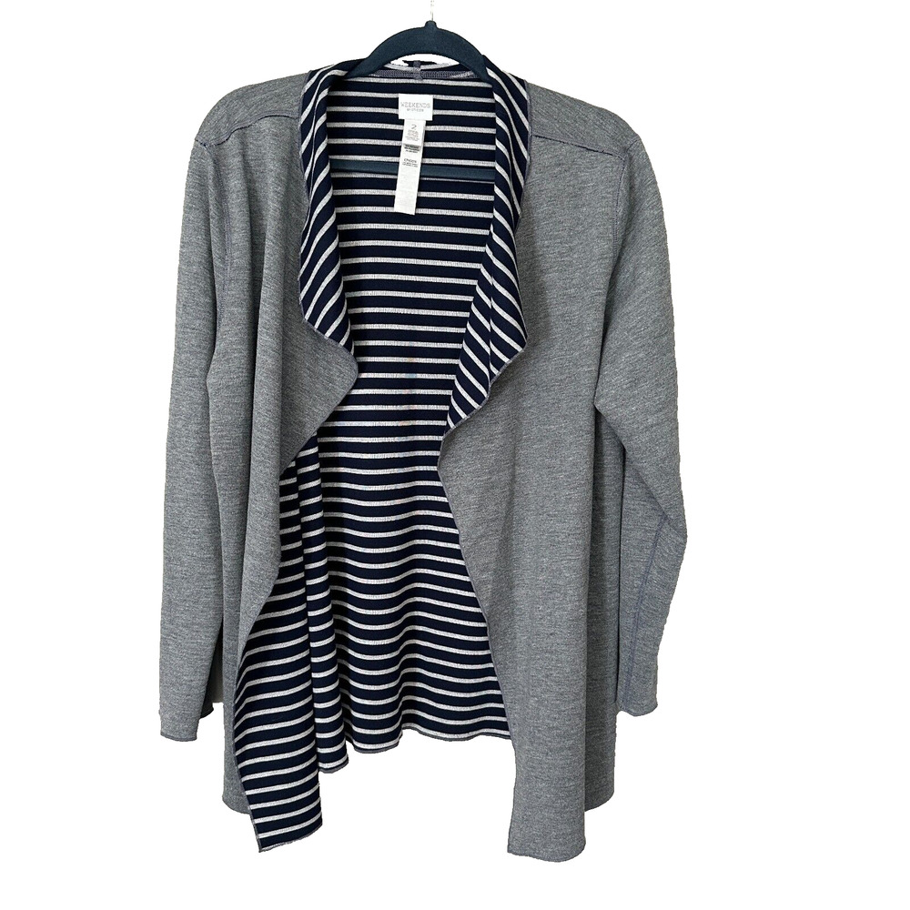 Weekends by Chico's Open Front Cardigan Gray Blue Inside Stripes Women's L - Picture 1 of 8